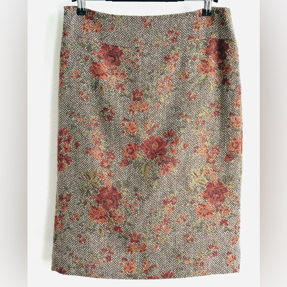 ATL Studio Tweed Pencil Skirt Recycled Wool Brown Floral Knee Length Size 2‎